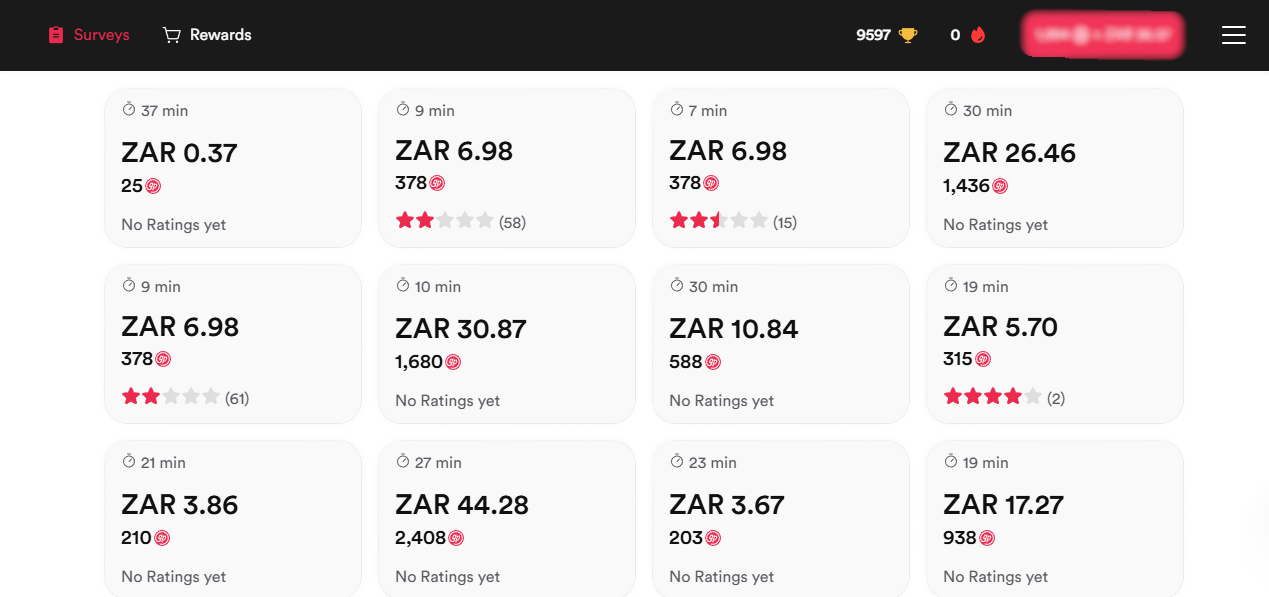 GrabPoints surveys section showing all available surveys.
